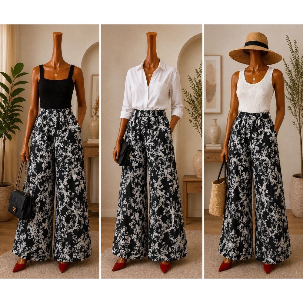 White Mark Paisley Wide Leg Pants Womens S Black White Comfort Boho Resort pull